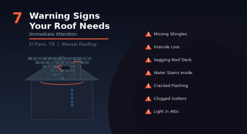 7 warning signs your El Paso roof needs immediate attention — cracked shingles, sagging deck, granule loss